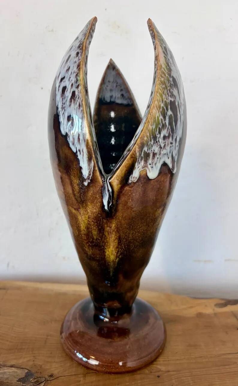 Vintage Mid-Century Modern Studio Pottery Tulip Lotus Bud Pedestal Vase - Earthen Brown & White Glaze