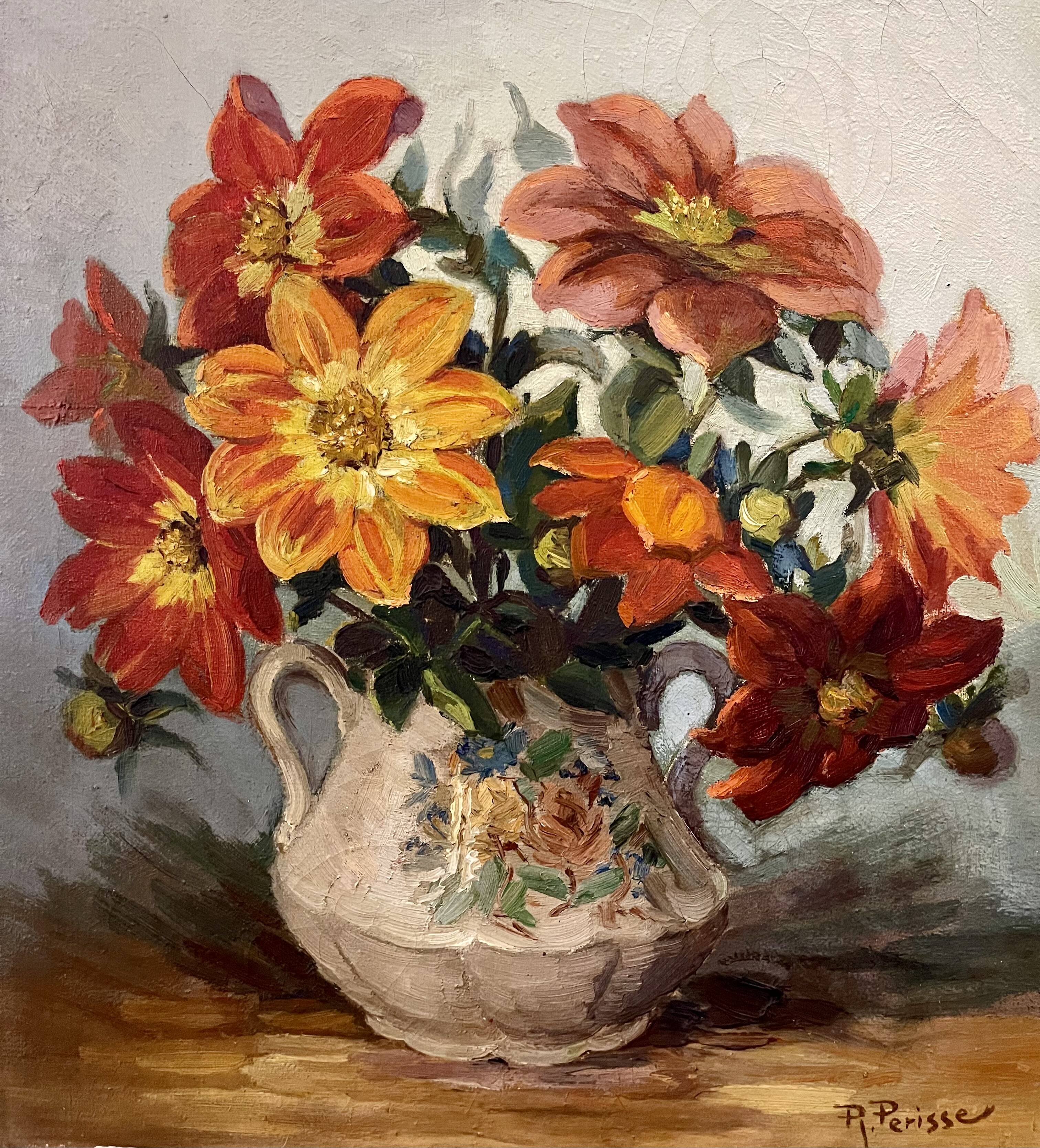 Oil painting on canvas signed Raymond PERISSE - Bouquet of Dahlias - Lorraine painter