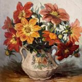 Oil painting on canvas signed Raymond PERISSE - Bouquet of Dahlias - Lorraine painter