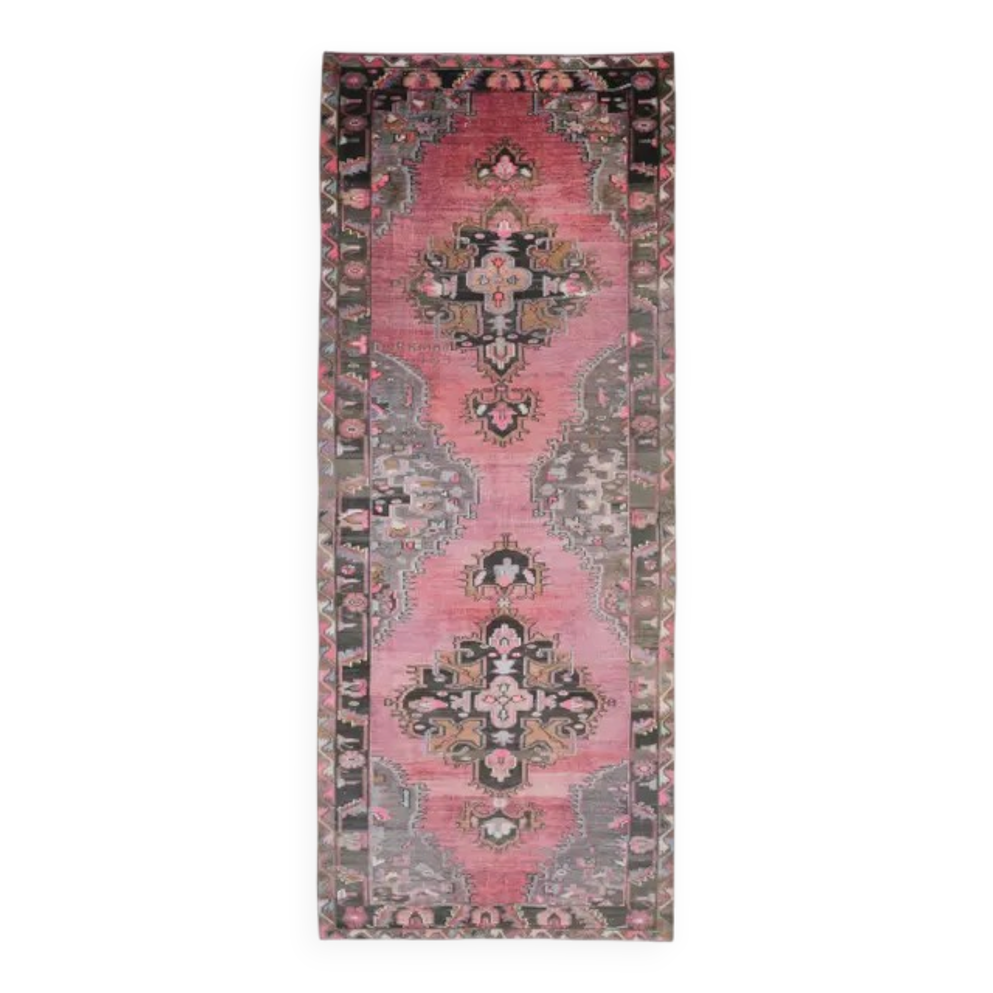 Vintage Turkish hand-knotted wool cotton pink area rug 180x475