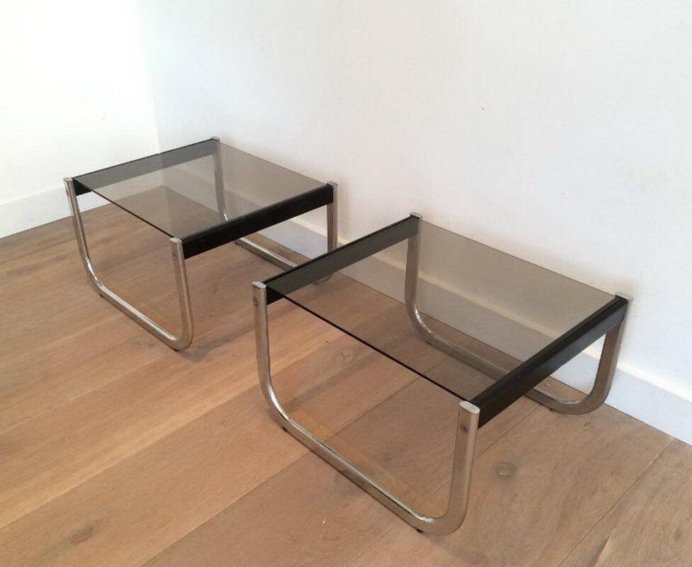 Pair of side tables in chrome, blackened wood and glass