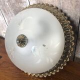 Ancien plafonnier verre gravé + contour métal doré vintage