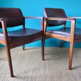 Pair of armchairs in rosewood from Rio and plum leather, Denmark 1960