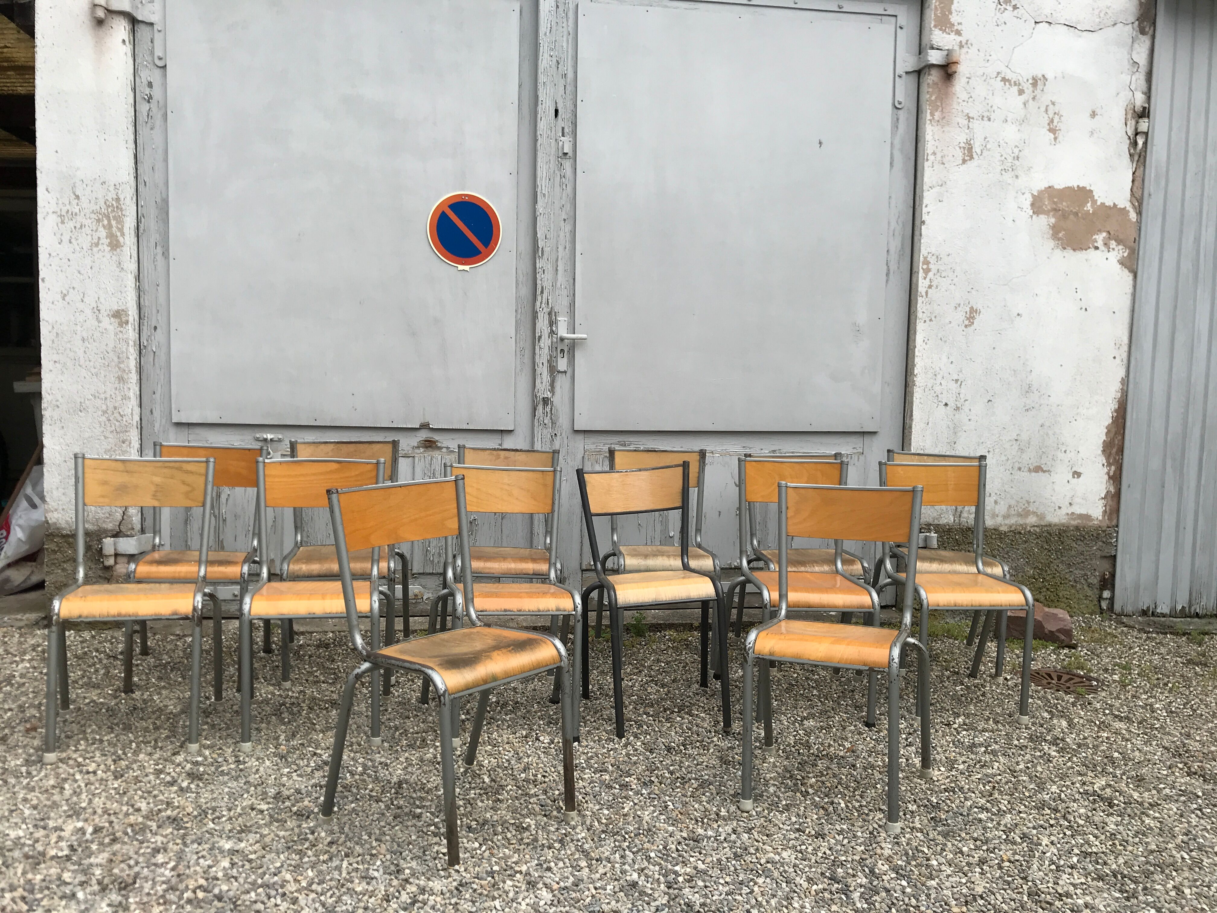 Series of 10 old vintage school chairs