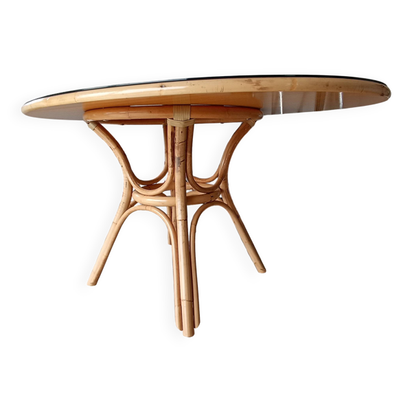 Table Ovale en Rotin & Verre (140x90cm) - Comme Neuve