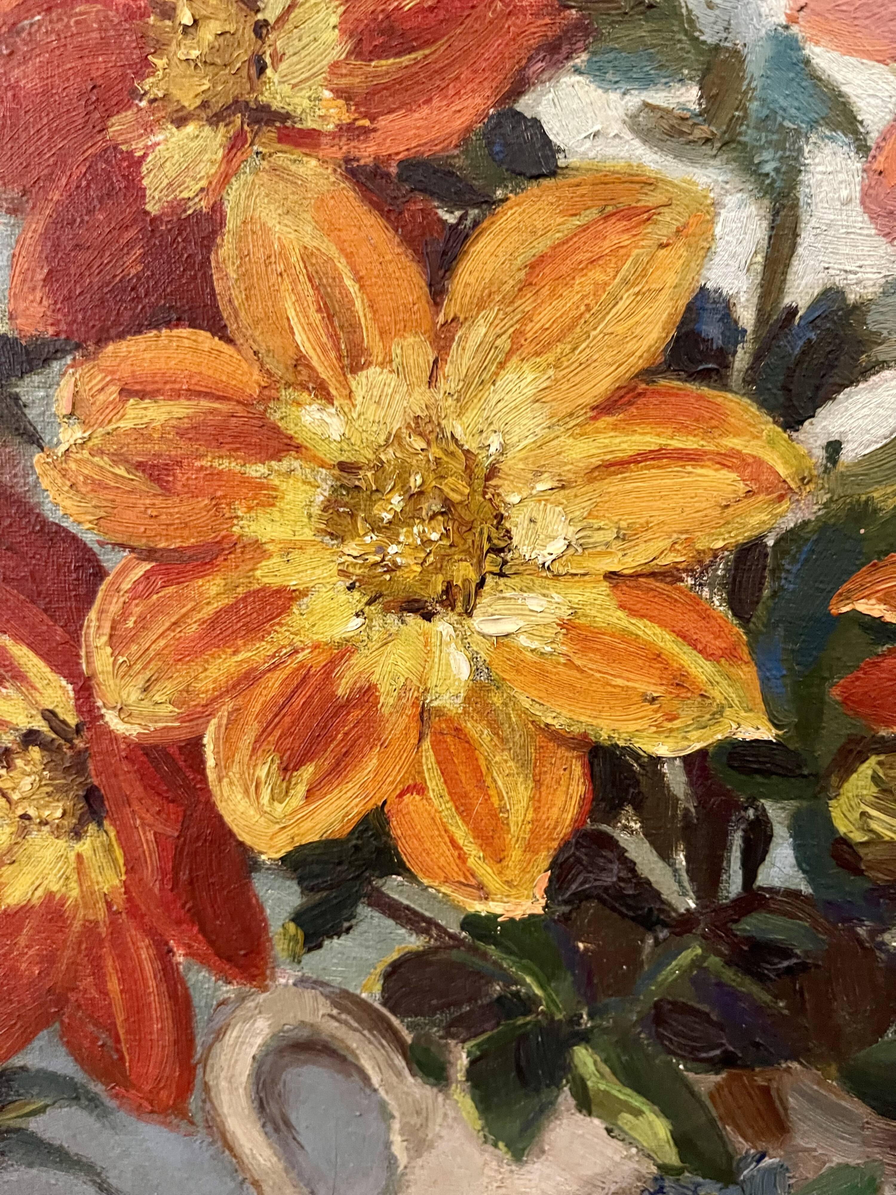 Oil painting on canvas signed Raymond PERISSE - Bouquet of Dahlias - Lorraine painter