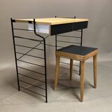 Modular bookcase and stool in black metal and beech, 1960