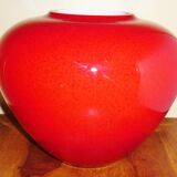 Pot-bellied, art deco vase in speckled ruby red multi-layered glass, white interior