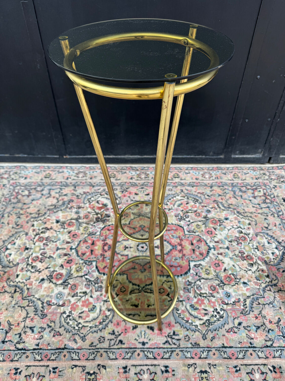 Golden tripod stand with smoked glass from the 1970s.