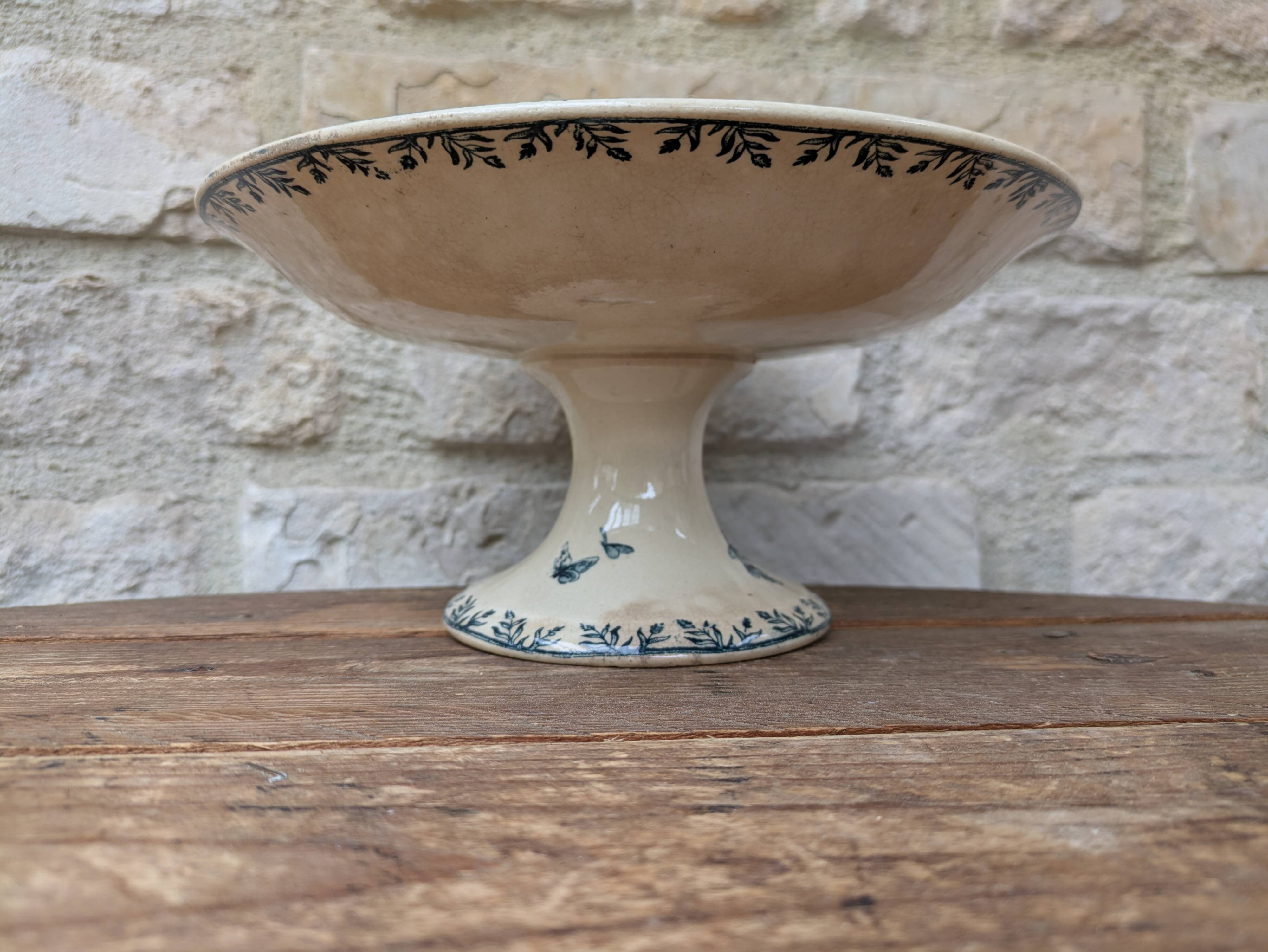 Opaque porcelain compote from Gien, Villageois model, Terre de Fer.