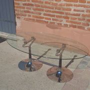 Oval table 70s design – Glass, Chrome & Walnut