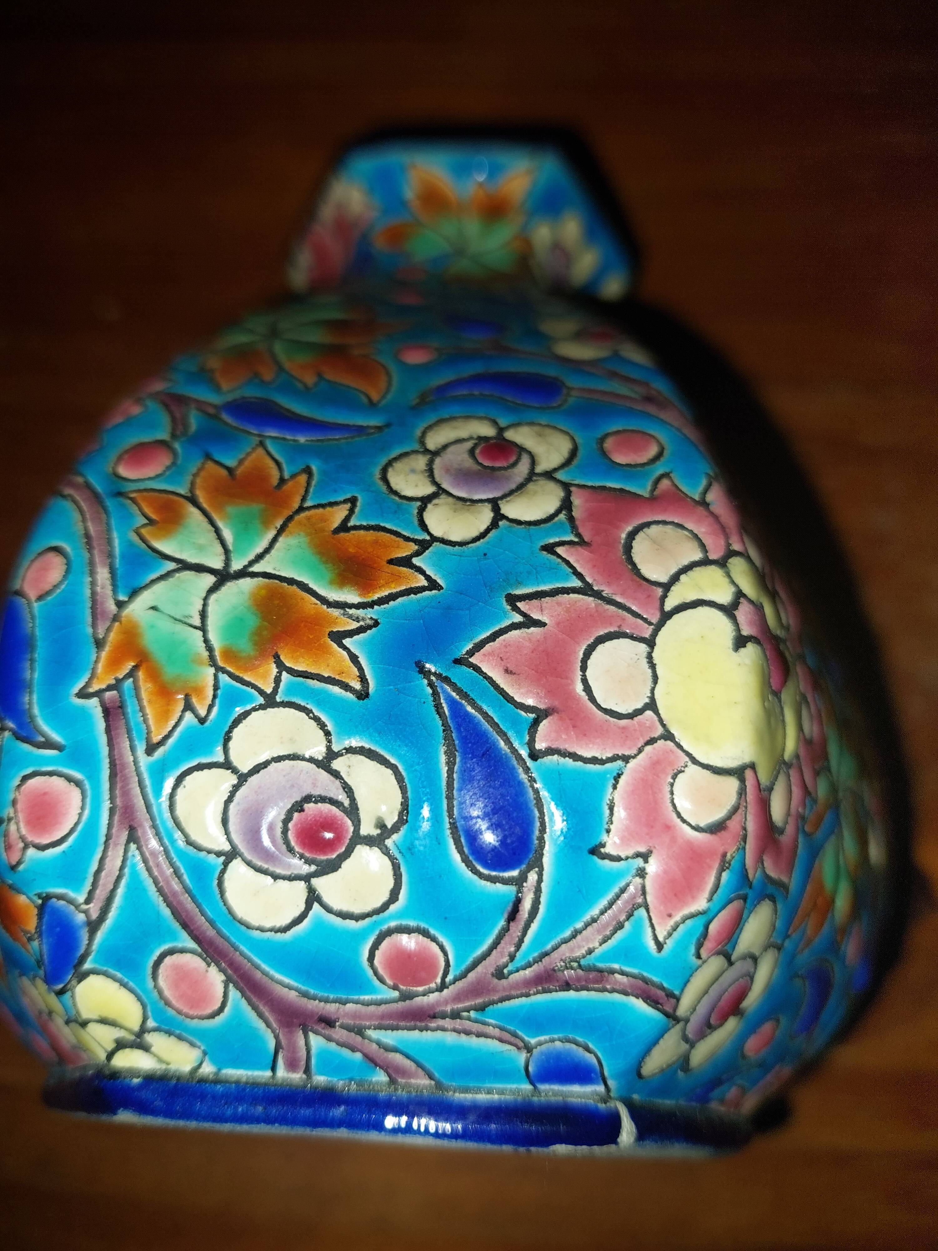 Hand-decorated Longwy enamel vase no. D.5670