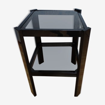 Side table design, glass and steel, two shelves