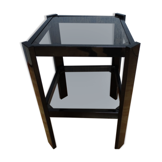 Side table design, glass and steel, two shelves