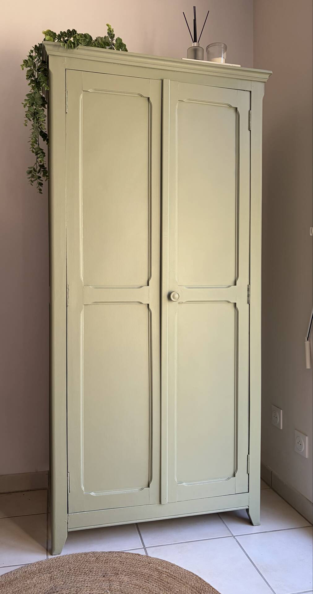Antique Parisian wardrobe in sage green patina