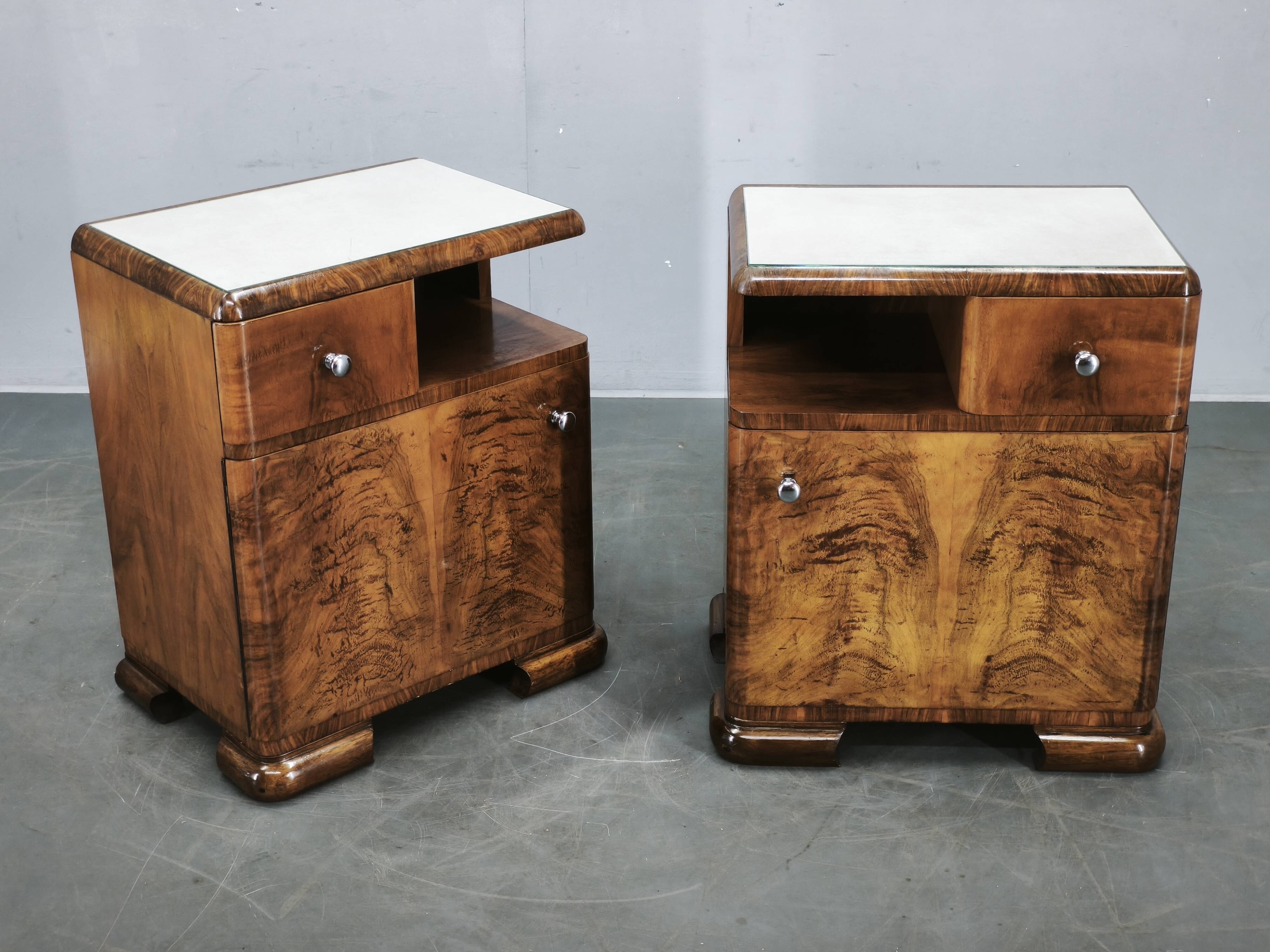 Pair of Art Deco Walnut Nightstands, Czechoslovakia, 1930s