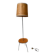 Vintage 1960s floor lamp with black tripod base and round varnished wooden shelf