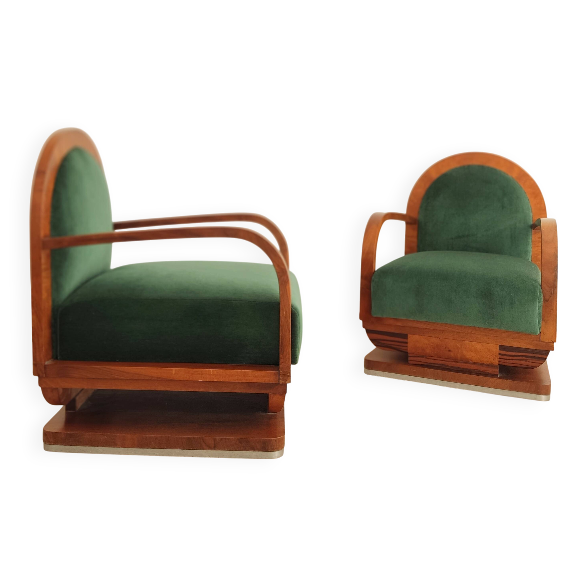 Pair of art deco armchairs - green mohair velvet