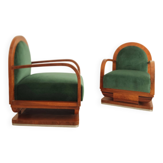 Paire de fauteuils art déco - velour de mohair vert