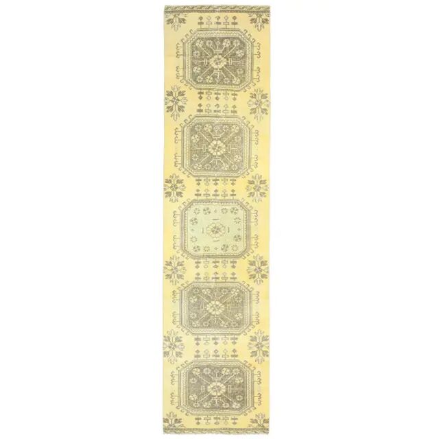 1970s Turkish Oushak Handmade Wool Cotton Yellow Runner 76x302