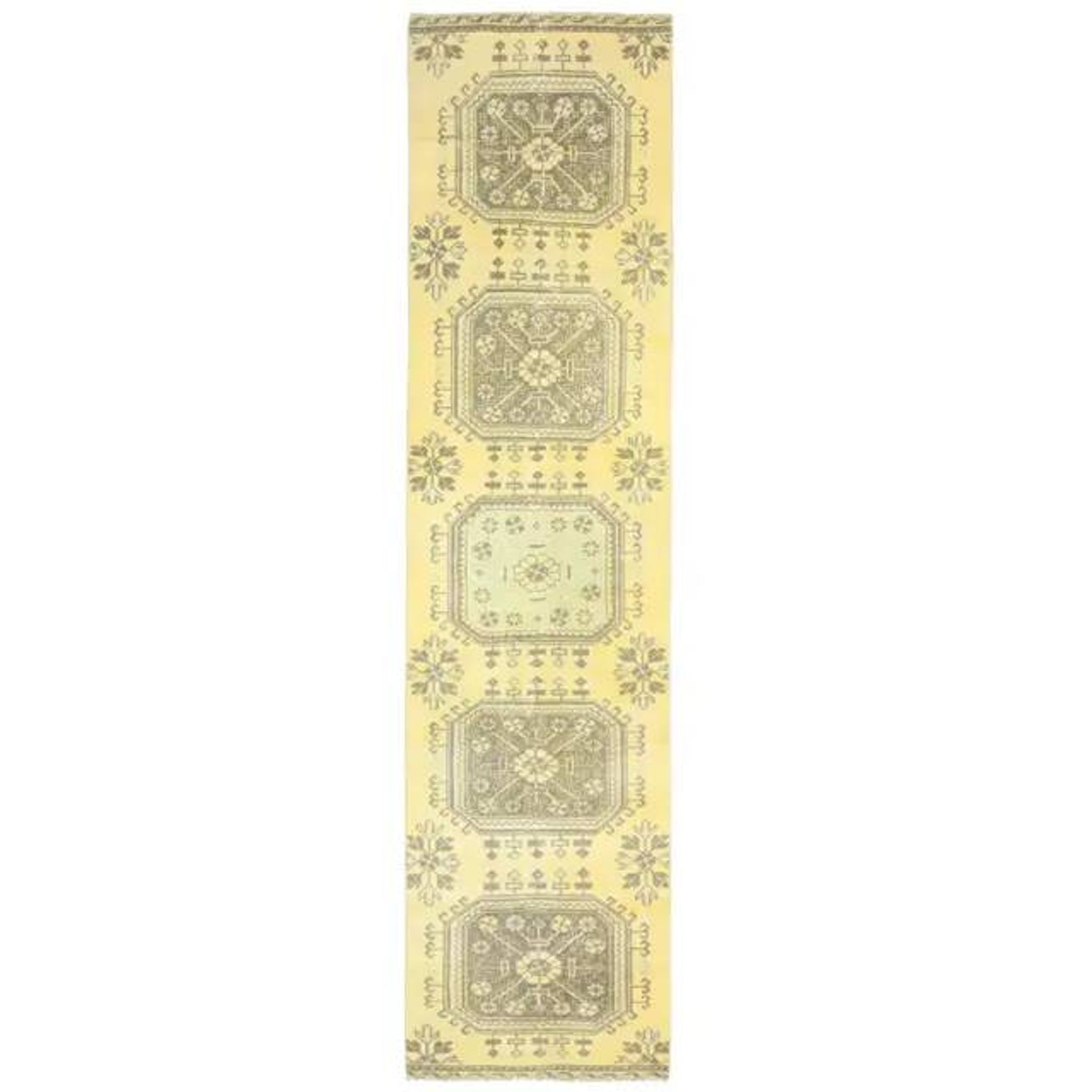 1970s Turkish Oushak Handmade Wool Cotton Yellow Runner 76x302