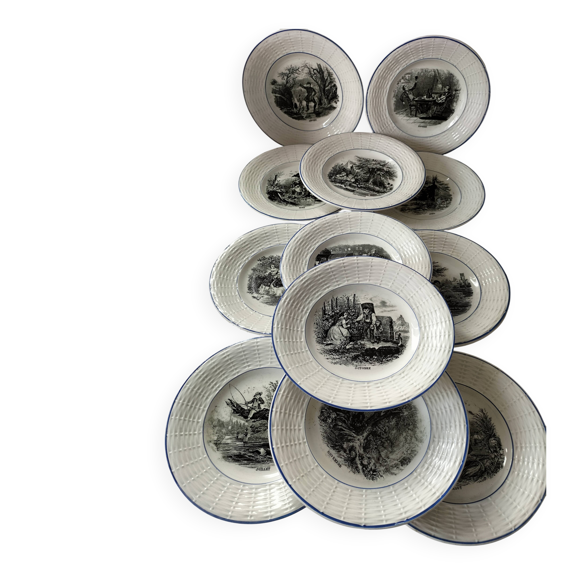 Série complète 12 assiettes Digoin Sarreguemines – Les 12 mois (1900-1920)