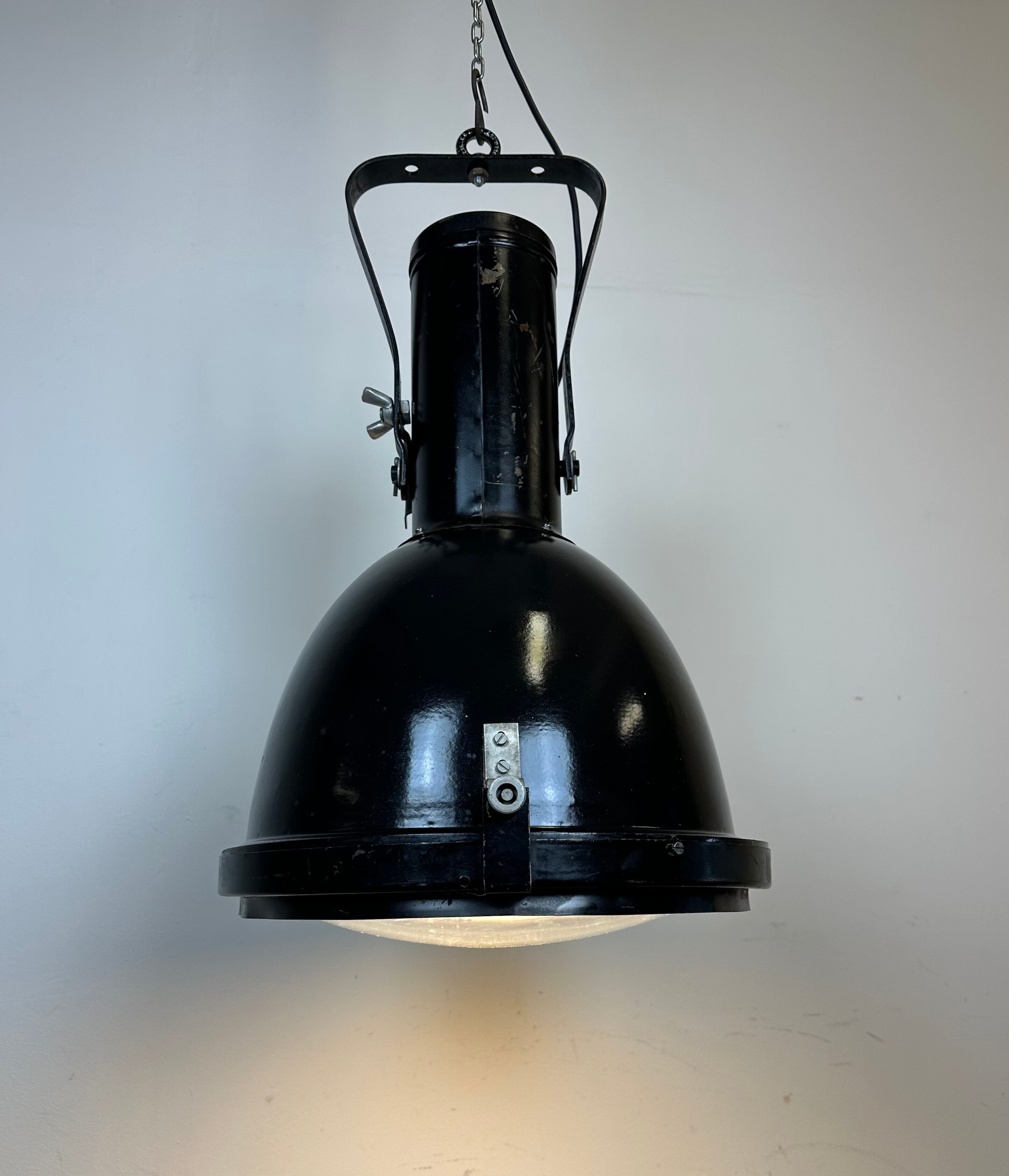 Industrial Black Enamel Factory Spotlight with Convex Glass Cover, 1960s