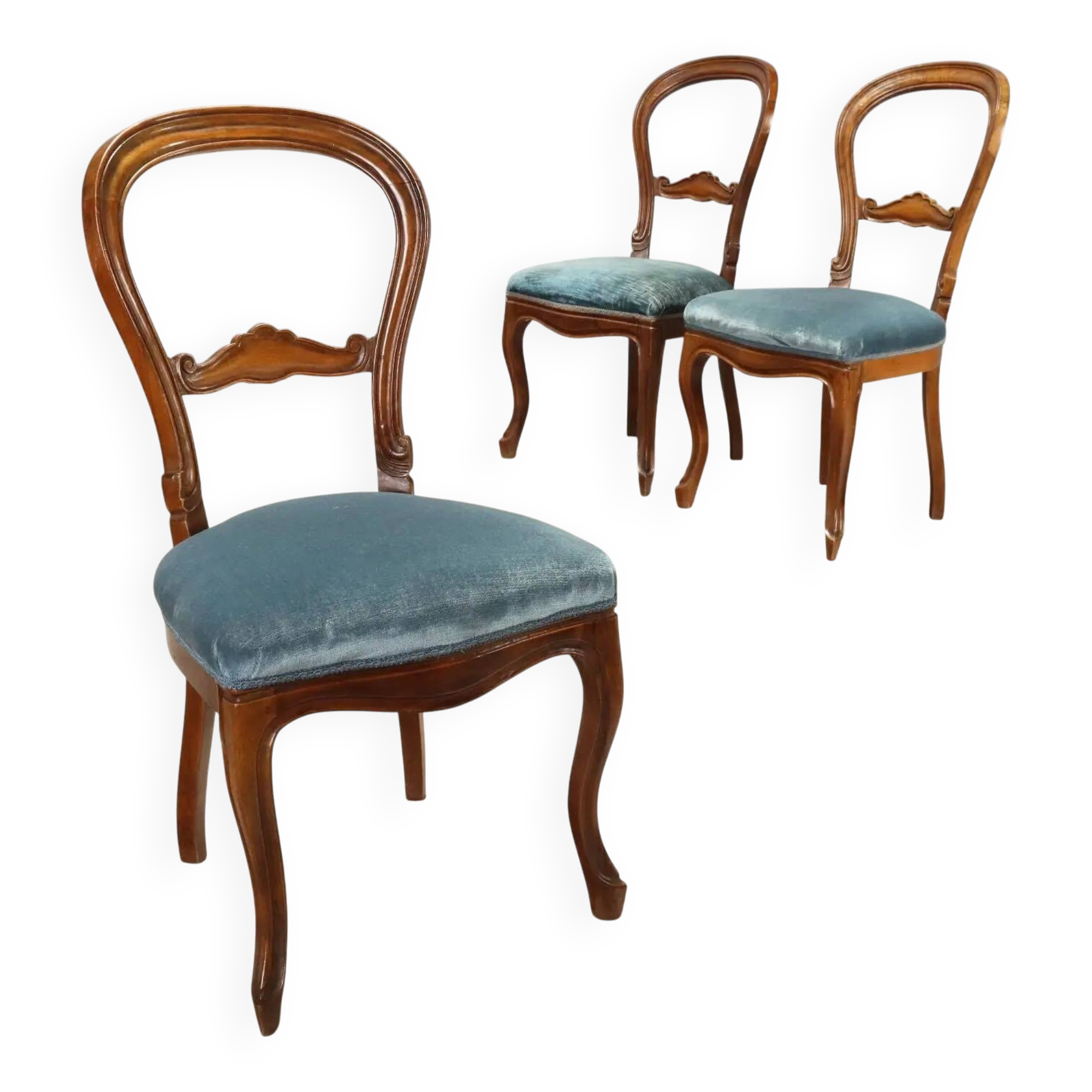 Antique Louis-Philippe chairs in walnut and velvet, Italy, 19th century.