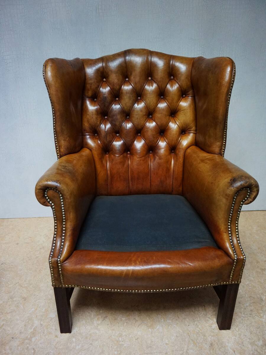 Vintage Cognac Leather Wingback Chesterfield Armchair, England 1940s