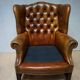 Vintage Cognac Leather Wingback Chesterfield Armchair, England 1940s