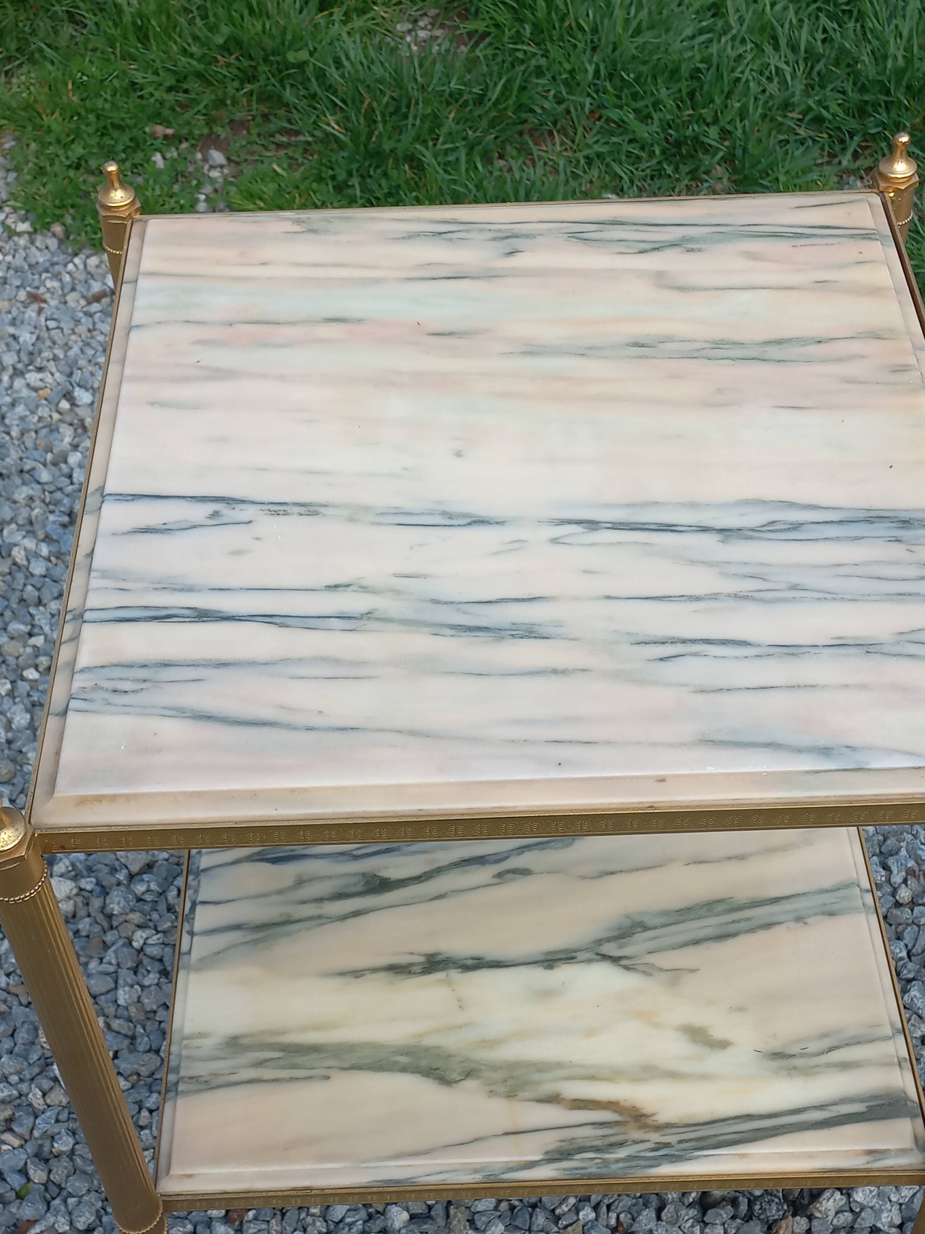 Pair of neoclassical side tables in bronze, brass, marble, and o.