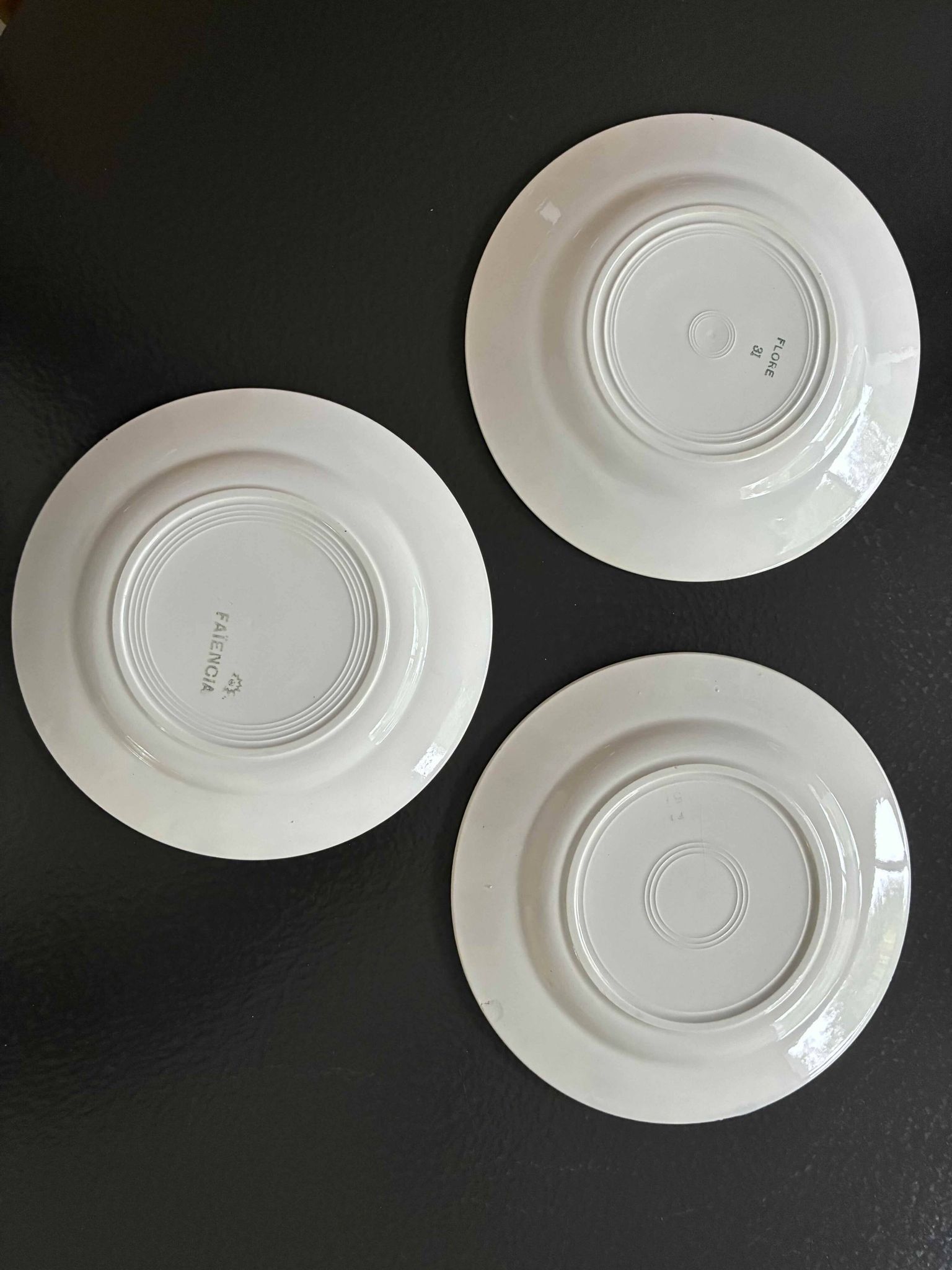 Set of 3 antique blue faience dessert plates.