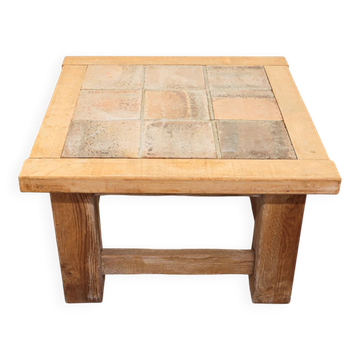 Table basse en chêne brutaliste avec carreaux en terre cuite rouge, années 1950