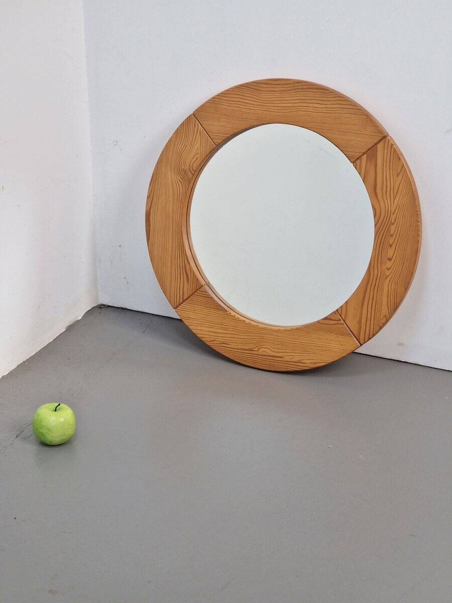 Vintage Scandinavian Round Pine Mirror, 1970s