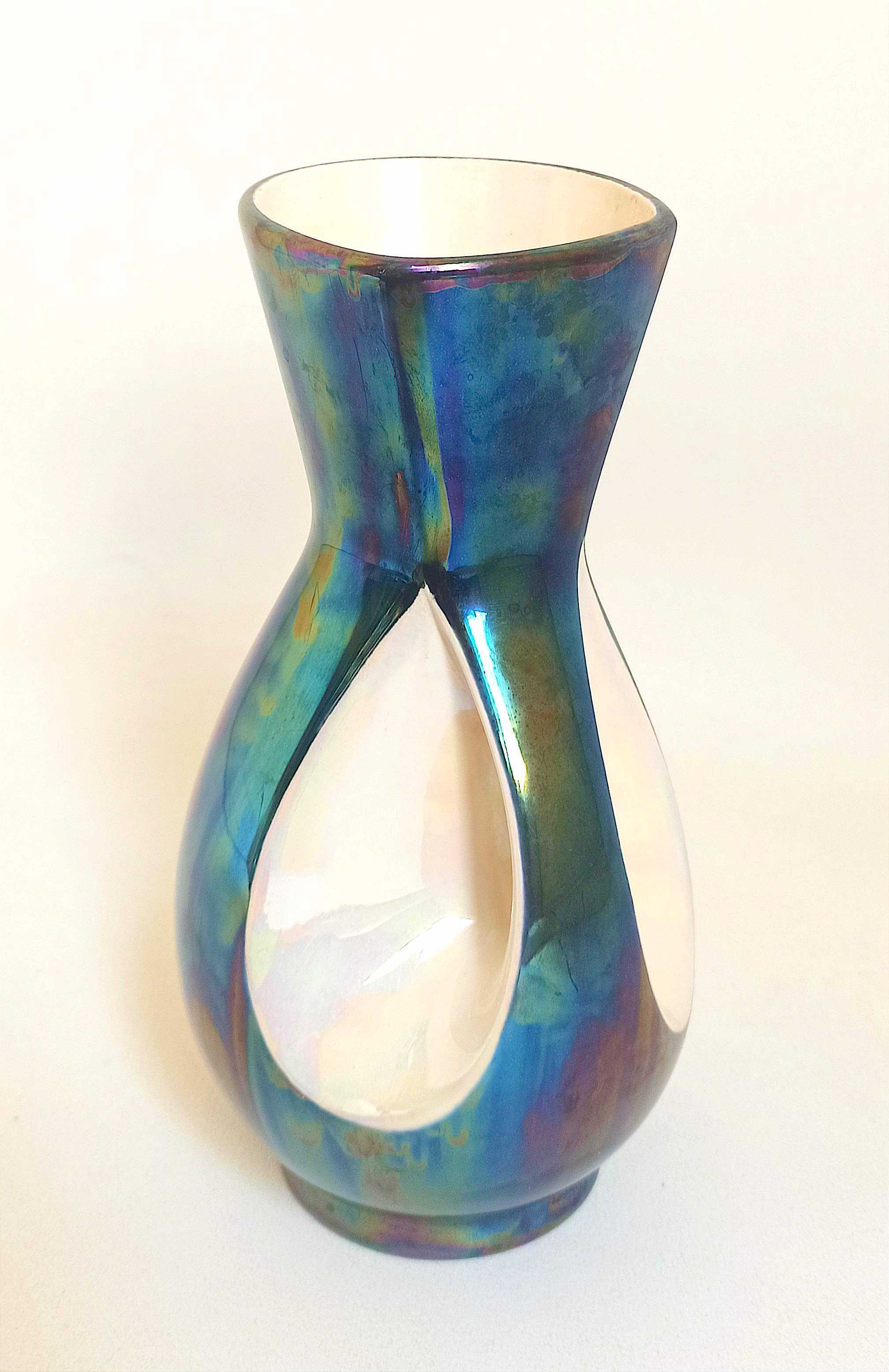 Verceram vase iridescent blue ceramic 60s Height 26,7 cm