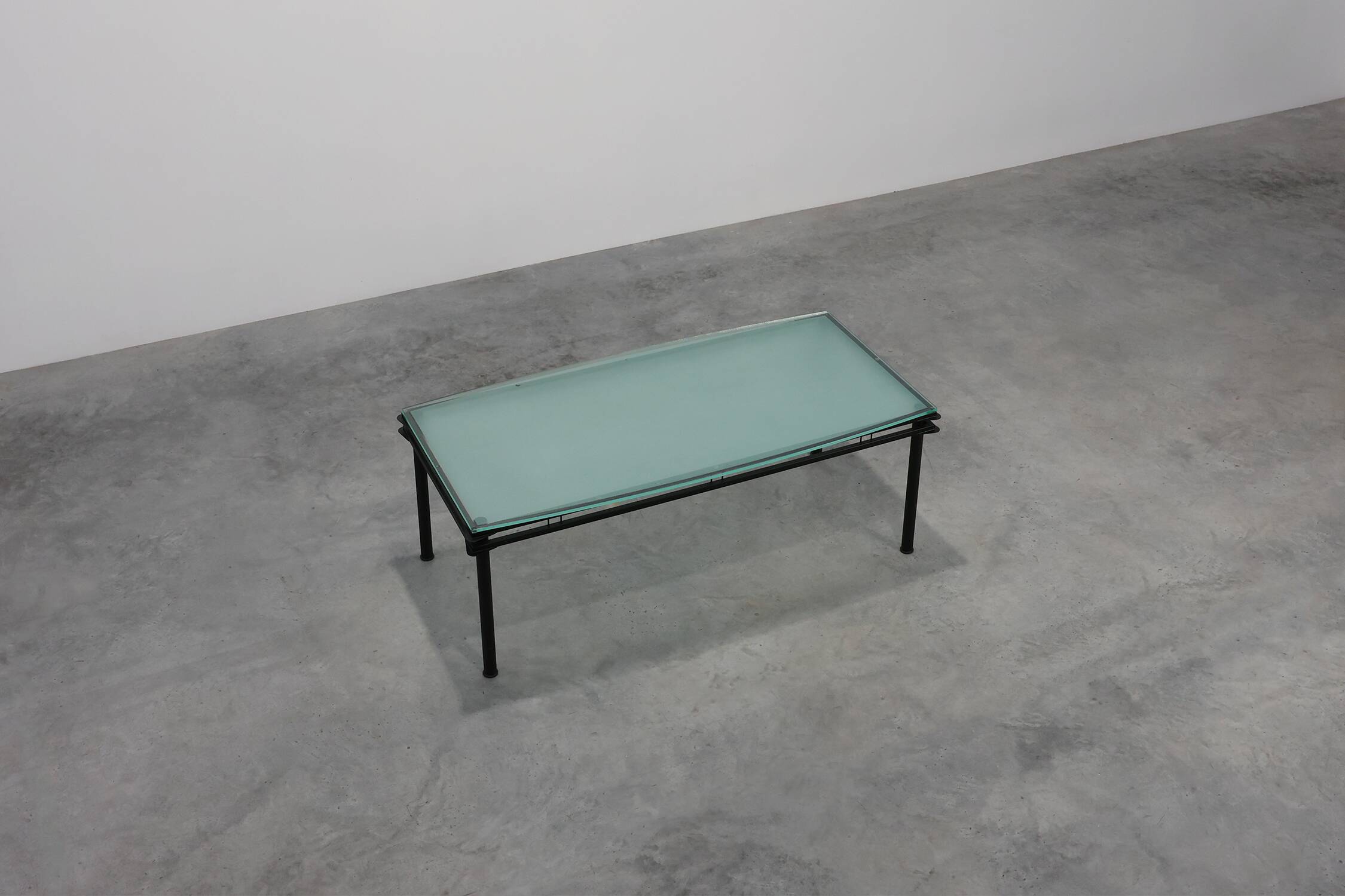 Modernist Dining Table with Black Metal Base and Glass Top, Belgium 1980s