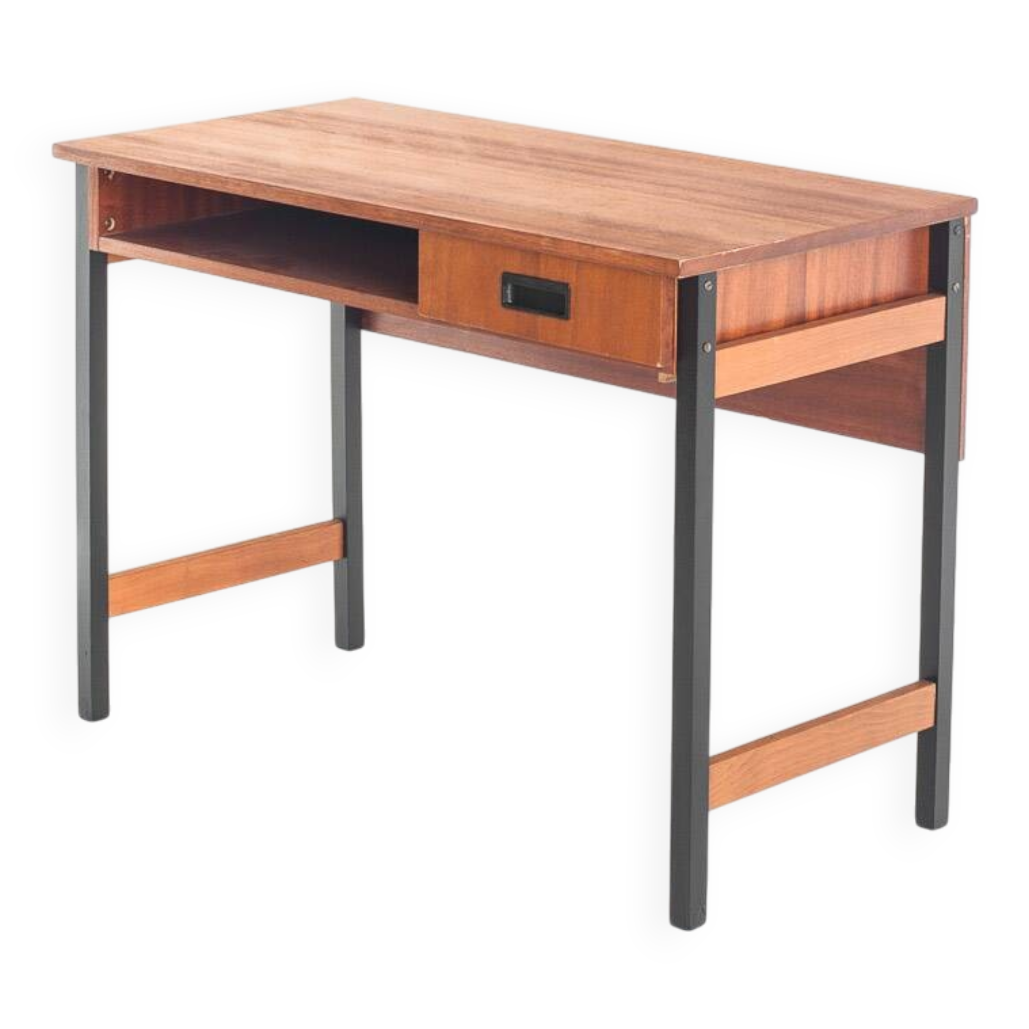 Vintage one-drawer desk. Mahogany veneer and solid beech. France, 1960s