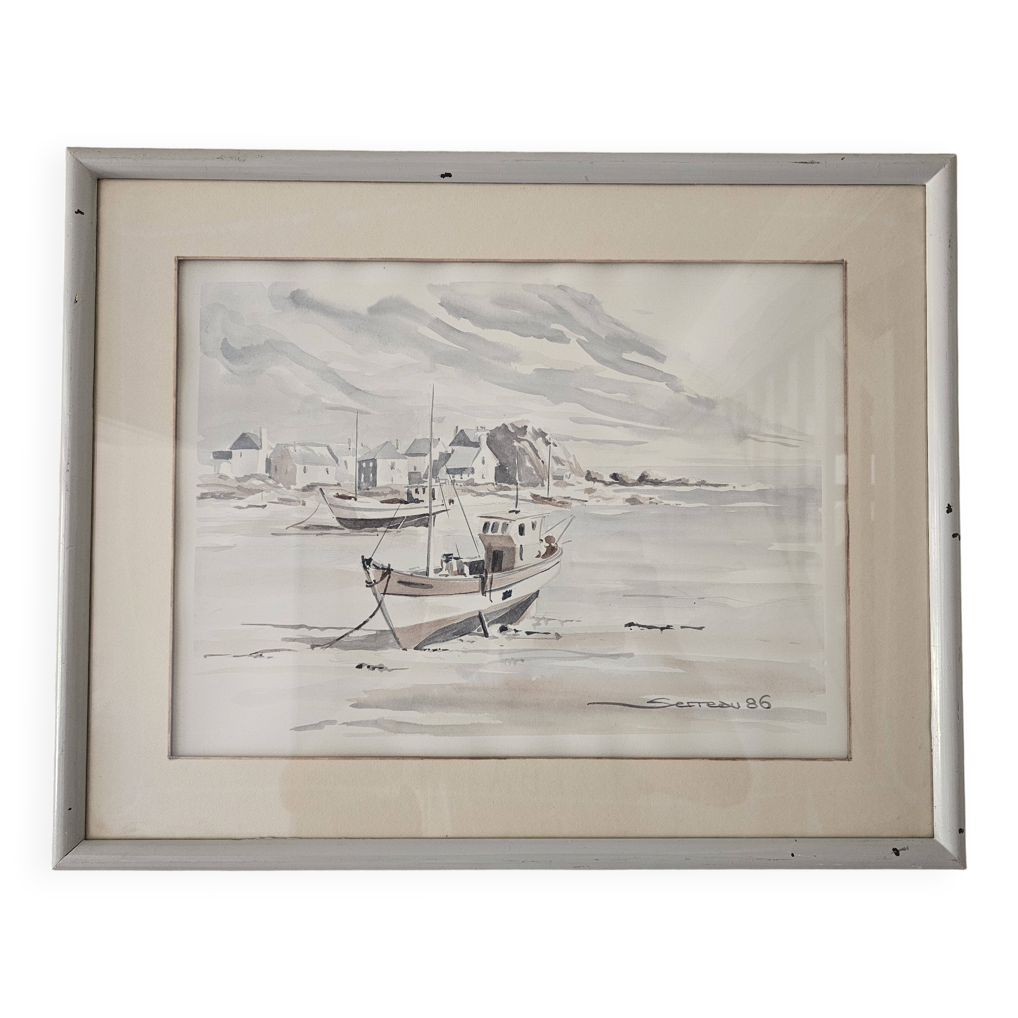 Tableau - Watercolour Landscape Brittany - Marine Boat - Signed Jen Pierre SER