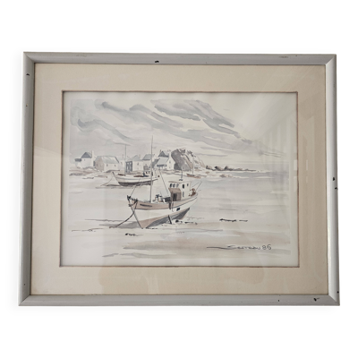 Tableau - Aquarelle Paysage Bretagne - Marine Bateau - Signé Jen Pierre SER