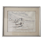 Tableau - Aquarelle Paysage Bretagne - Marine Bateau - Signé Jen Pierre SER
