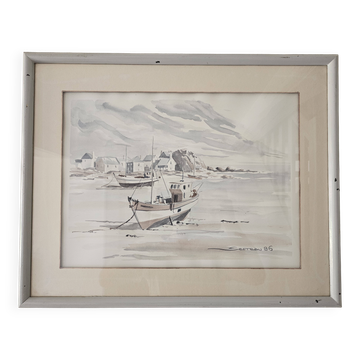 Tableau - Watercolour Landscape Brittany - Marine Boat - Signed Jen Pierre SER