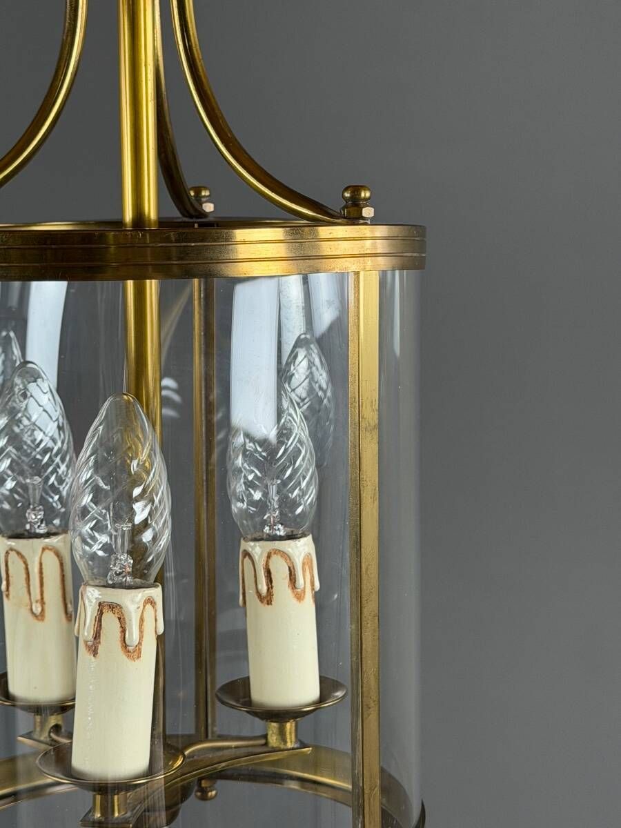 Cylindrical lantern in brass and glass, 20th century