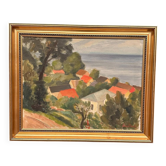 Huile sur panneau d'origine suédoise – 'Village côtier' par Bernhard Önstad – Signé – Vintage et encadré