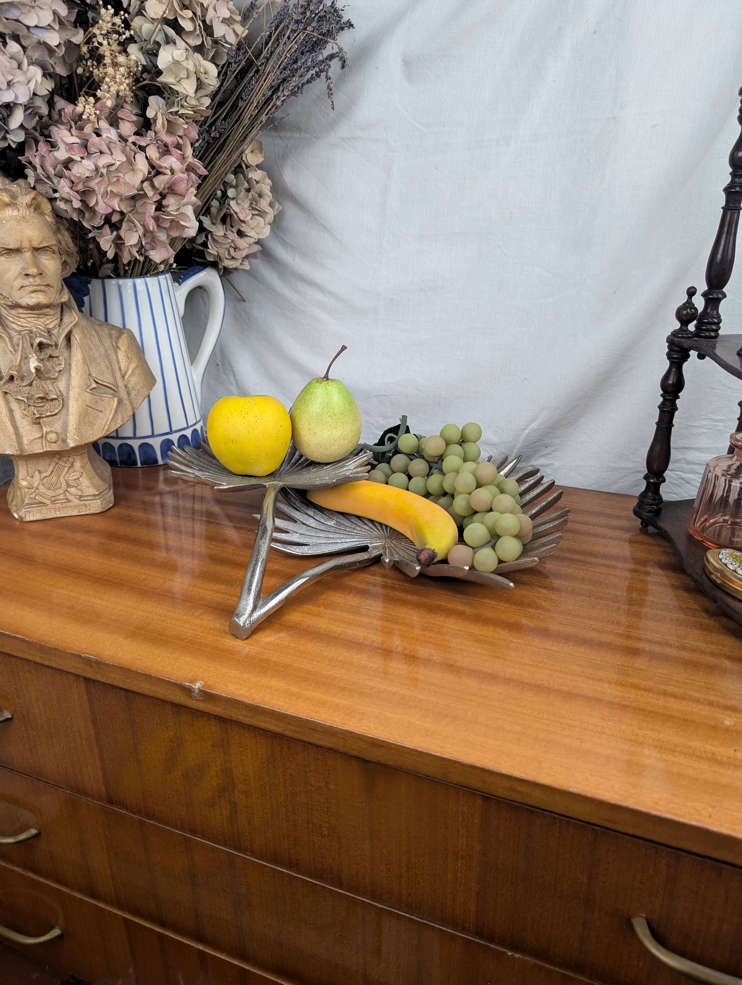 Vintage Two Tier Silver Metal Palm Leaf Fruit Basket