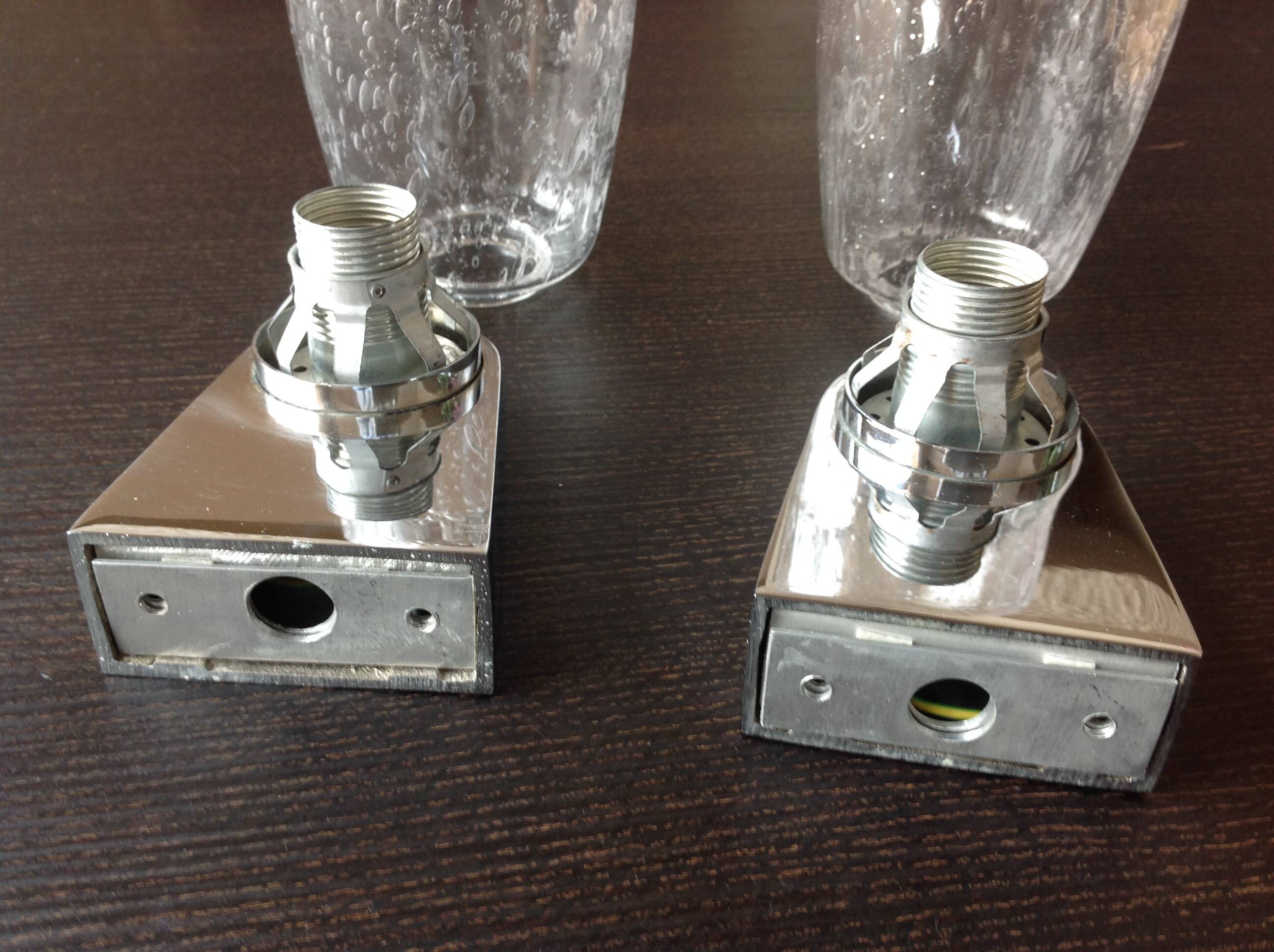 Pair of vintage 1970s-80s glass and chrome wall lights with teardrop shapes