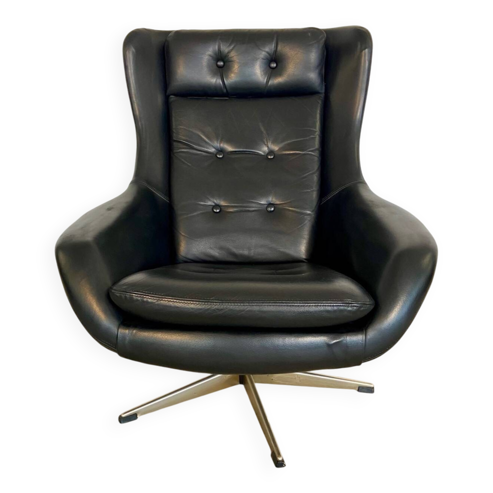 Vintage Danish mid-century black leather swivel chair, 1970s