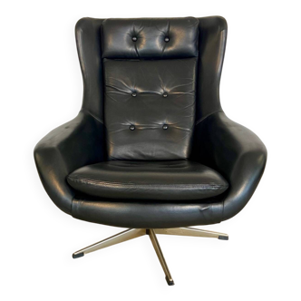 Vintage Danish mid-century black leather swivel chair, 1970s