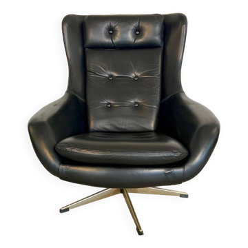 Vintage Danish mid-century black leather swivel chair, 1970s