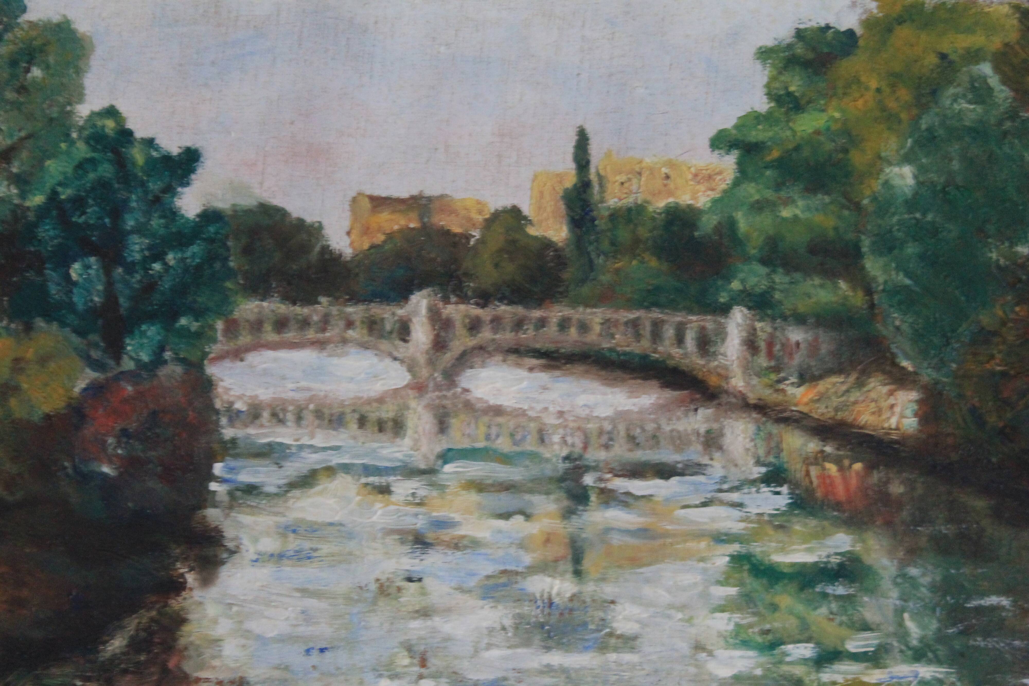 Oil on canvas "Landscape with Bridge" early 20th century