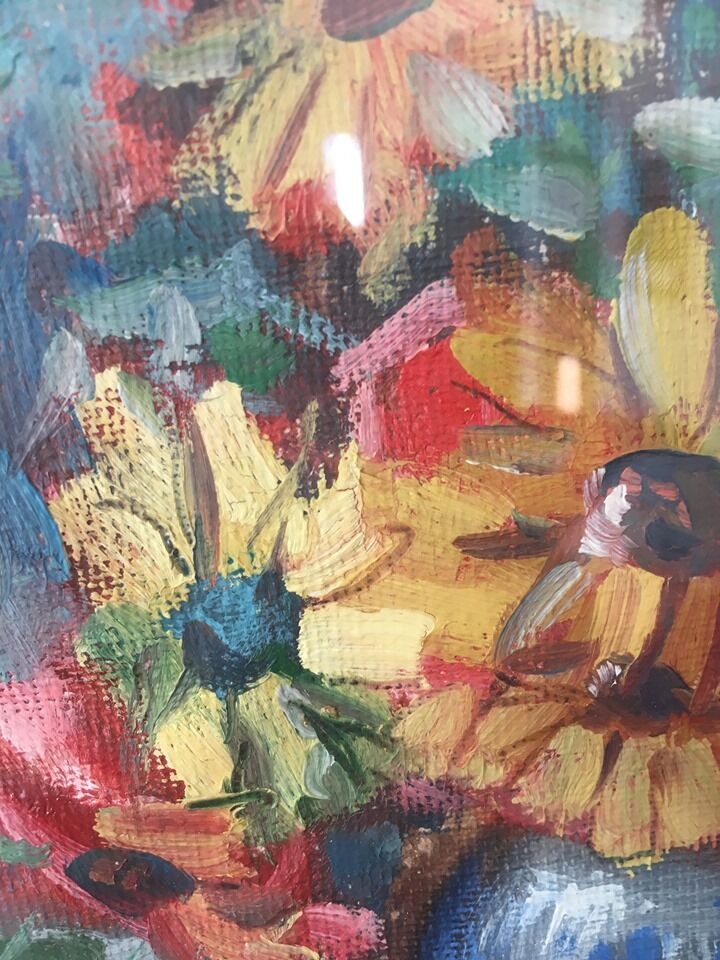 Painting on canvas bouquet of flowers in a vase.